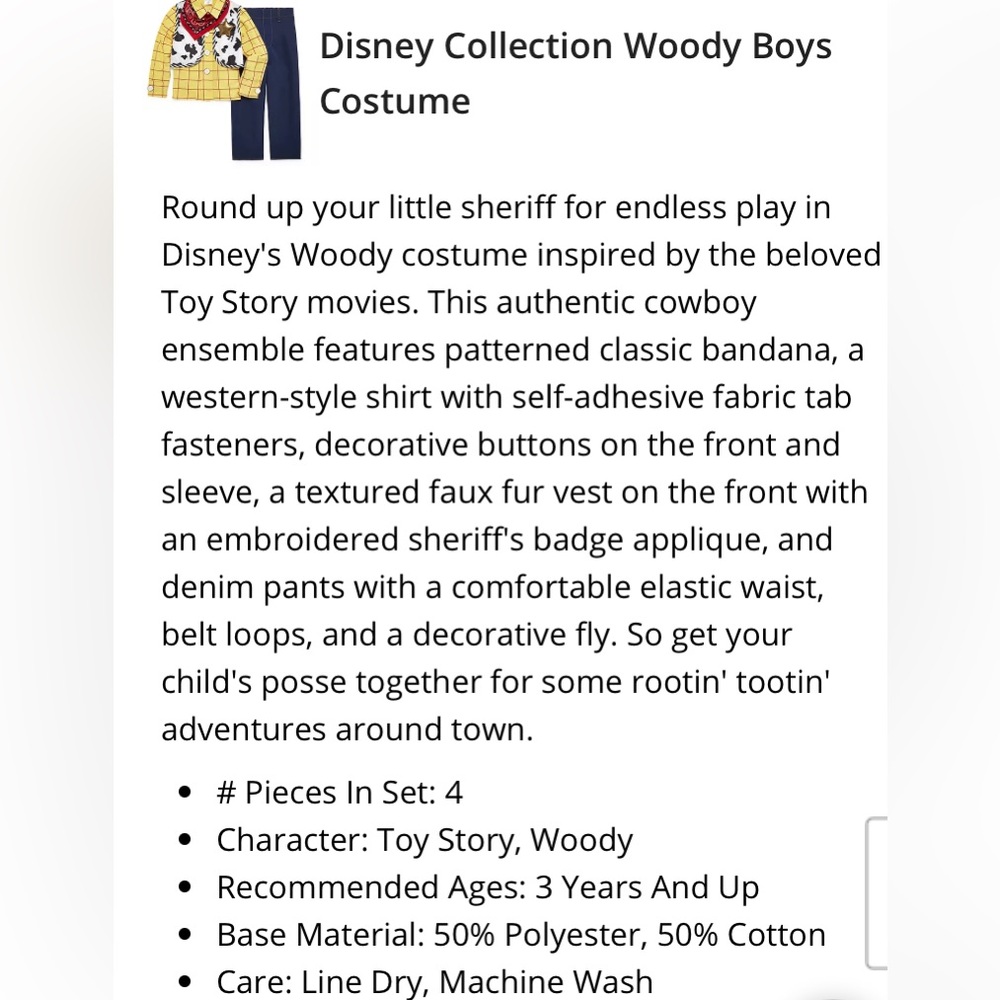 NWT Disney Woody Costume…4pcs…pants, shirt, bandanna and vest… - Picture 3 of 5